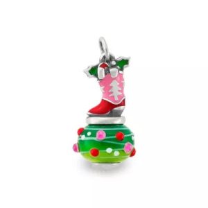 Enamel Christmas Cowboy Boot Art Glass Charm in Sterling Silver